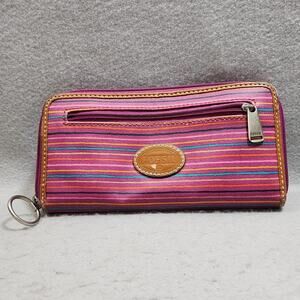 FOSSIL Keyper Clutch Wallet Pink-Purple Stripe 3 Pocket Zip Around Closure Disc